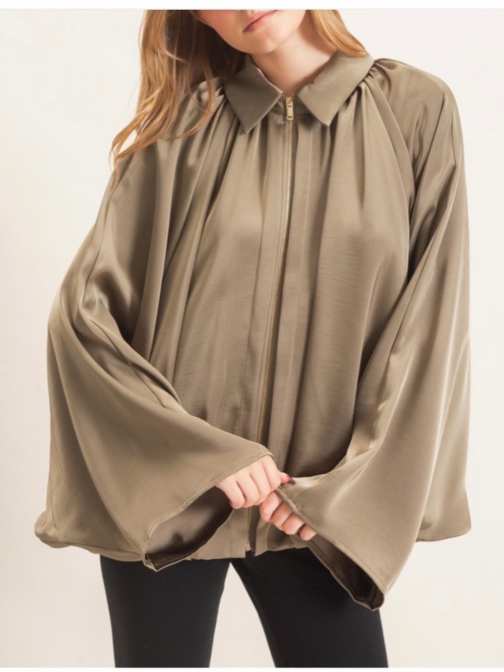 Hyfve Olive Satin Zip-Front Flow Sleeve Top